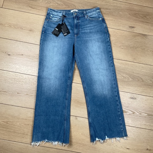 PAIGE Denim - PAIGE Leenah Ankle High Rise Trouser Leg Jeans Blue Raw Hem Size 29 NEW